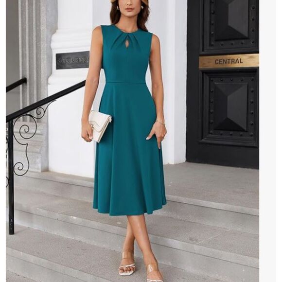 NEW Grace Karin Teal Sleeveless Dress 2XL Career Fit Flare Tie Front Keyhole - Picture 1 of 7